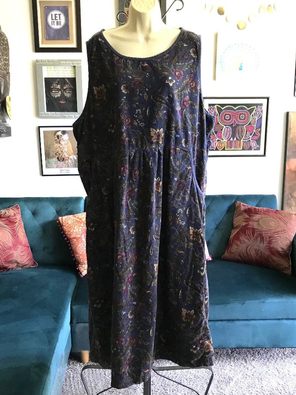 CAMBRIDGE SPIRIT size 2X Blue & Purple Paisley Sleeveless Corduroy Jumper Dress